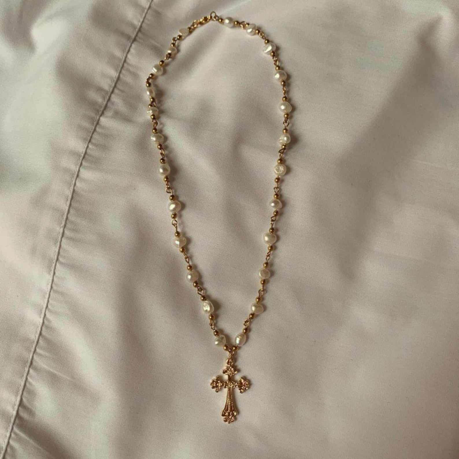 Freshwater Pearl Tiny Horizontal Cross Charm Pendant on Gold Plated 18 inch Chain main image 1
