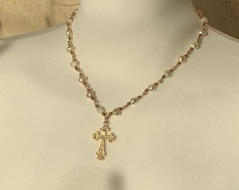 18K Gold FreshWater Natural Pearl Gold Beaded Cross Pendant, Gold Cross Pearl Necklace, Grunge, Christmas Gift