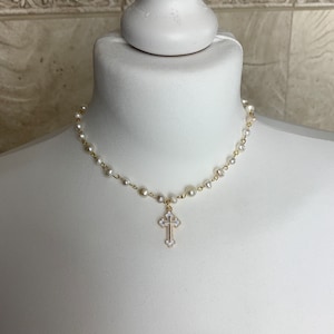 18K Gold FreshWater Natural Pearl Gold Beaded White Cross Pendant, Gold Cross Pearl Necklace, Grunge