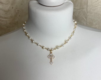 18K Gold FreshWater Natural Pearl Gold Beaded White Cross Pendant, Gold Cross Pearl Necklace, Grunge