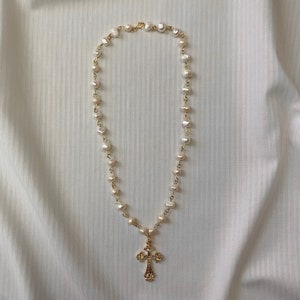 18K Gold FreshWater Natural Pearl Gold Beaded Cross Pendant, Gold Cross Pearl Necklace, Grunge, Gift