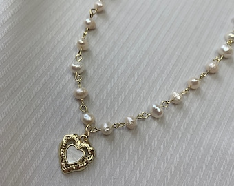 18K Gold FreshWater Natural Pearl Gold Beaded Heart Pendant, Pearl Necklace, Choker, Girly, Cottage, Fairy, Gift