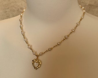 18K Gold FreshWater Natural Pearl Gold Beaded Necklace, Heart Pendant, Cute, Aesthetic, Girly