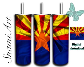 May include: Three sublimation designs for a 20 oz tumbler featuring the Arizona state flag. The flag is depicted in a wavy, silky fabric design. The flag is red, yellow, and blue with a star in the center.