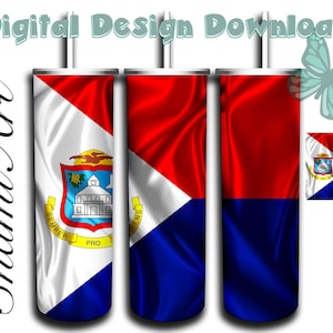 May include: Three sublimation designs featuring the flag of Sint Maarten. The flag is red, white, and blue with a coat of arms in the upper left corner. The designs are for a 20 oz tumbler.