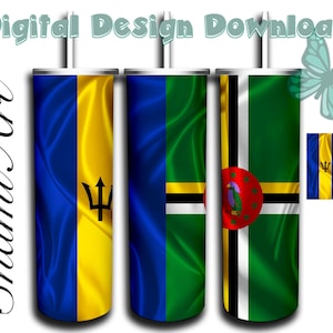 May include: Three cylindrical tumblers featuring flag designs: Barbados, Dominica, and a combined design. The Barbados tumbler is blue and yellow with a trident. The Dominica tumbler is green, yellow, red, and white. Text includes "Digital Design Download" and "Snami Art".