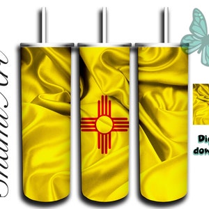 May include: Three yellow and red sublimation tumblers with a design of the New Mexico state flag. The tumblers are ready for a digital download.