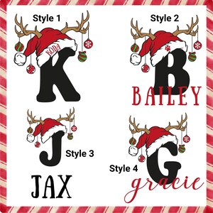 May include: Four different styles of Christmas pet ornaments featuring a reindeer antler headband, Santa hat, and a letter. The ornaments are labeled "Style 1", "Style 2", "Style 3", and "Style 4". The letters are "K", "B", "J", and "G". The names "Koda", "Bailey", "Jax", and "gracie" are written below the letters.