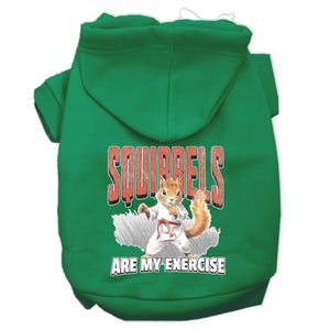May include: A green dog hoodie with a hood and sleeves. The back of the hoodie features a graphic of a squirrel in a karate uniform with the text "SQUIRRELS ARE MY EXERCISE" in a distressed font.