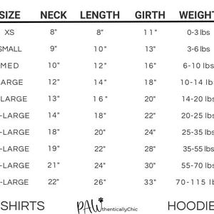 May include: Size chart for t-shirts and hoodies with measurements in inches and weight in pounds. The chart lists sizes from XS to 6X-Large with corresponding neck, length, girth, and weight ranges.