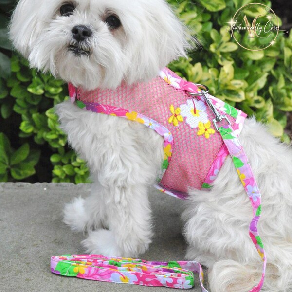 Cool Mesh Dog Harness with Leash - Pink Hawaiian Floral, Spring Dog Harness, Matching Harness and Leash Floral, Cute Harness For Girl Dog