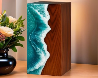 Personalized Handcrafted Ocean Wave Wooden Urn, Custom Epoxy resin Cremation Box for Human or Pet Ashes, Sea Wave Memorial Keepsake Gift
