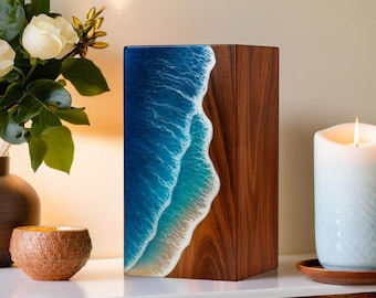 Ocean Wave Wooden Urn for Human or Pet Ashes, Personalized Handcrafted Memorial Box, Custom Sea Wave Cremation Keepsake Tribute
