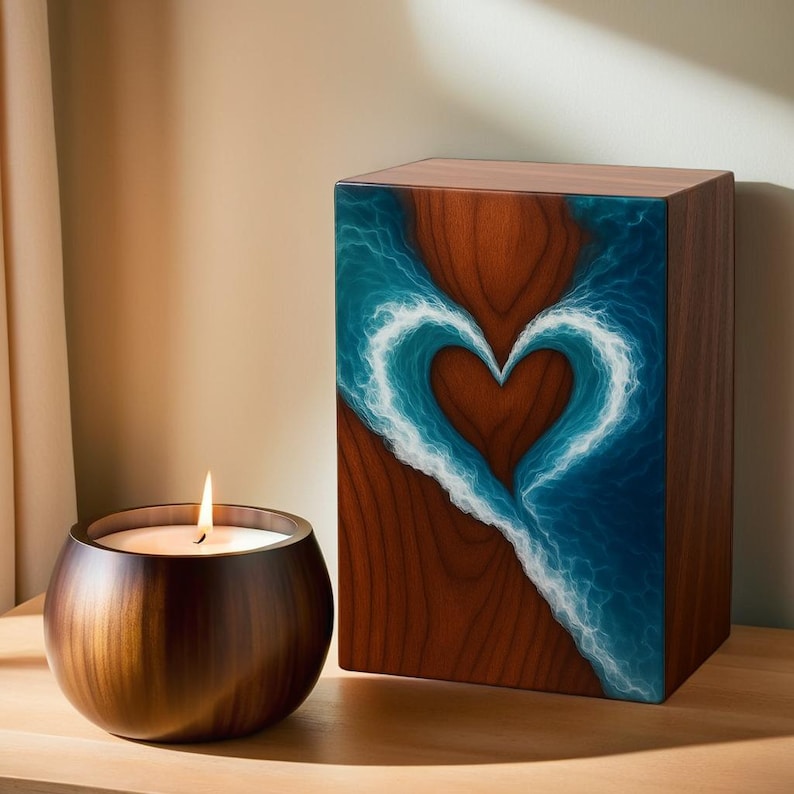 May include: A lit candle in a round wooden holder is next to a wooden box. The box has a heart-shaped design of blue and white waves on a brown background. The candle and box are on a wooden surface.