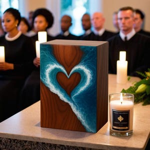 May include: A wooden urn featuring a heart-shaped design of blue and white waves on a brown surface. A lit candle in a glass jar is placed next to it. The background shows people in a room.