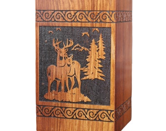 Urna de madera artesanal con grabado de ciervo, caja de cremación personalizada para cenizas humanas o de mascotas, recuerdo conmemorativo grabado a medida