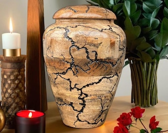 Wooden Cremation Urn for Human & Pet Ashes – Large Adult Urn for Women with Heart, Fractal Burning