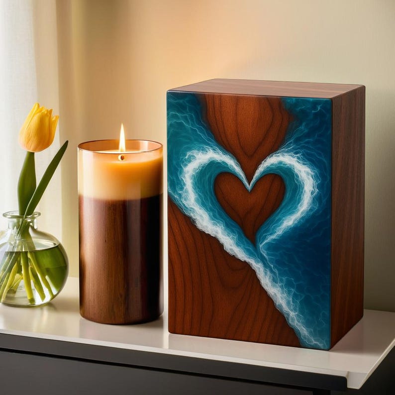 May include: A wooden cremation urn with a heart-shaped wave design in blue and white. A tall, lit candle and a vase with a yellow tulip are next to the urn. The urn is rectangular and made of wood.