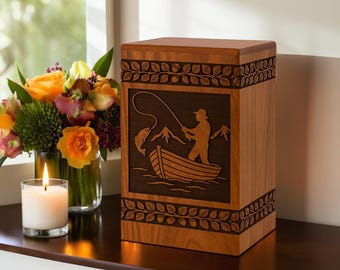 Wooden Urn with Fisherman Engraving, Personalized Cremation Box for Human or Pet Ashes, Custom Fishing Memorial Keepsake