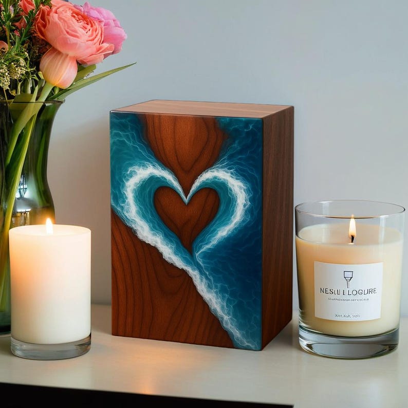 May include: A wooden urn featuring a heart-shaped wave design in blue and white. The urn is made of wood with a natural grain pattern. A lit candle and a vase of flowers are also in the image.