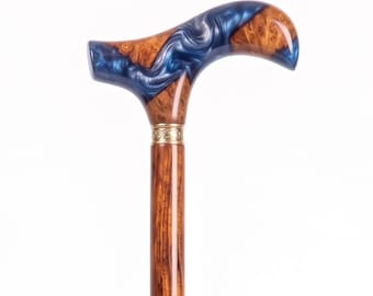Personalized Wooden Resin Walking Cane, Handmade Wooden Walking Stick, Custom Engraved Cane, Blue Resin Handle, Gift for Men,