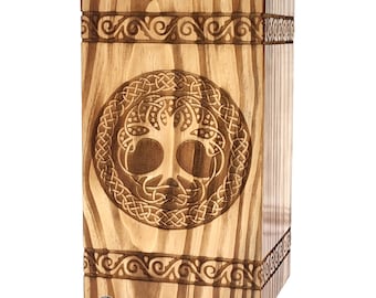 Handcrafted Wooden Urn with Celtic Tree of Life Engraving, Personalized Cremation Box for Human or Pet Ashes, Custom Memorial Keepsake
