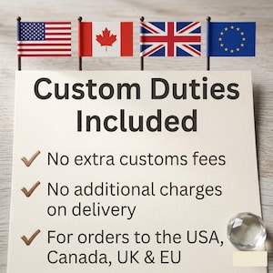 May include: A sign with the text "Custom Duties Included" and flags of the USA, Canada, UK, and EU. The sign states "No extra customs fees", "No additional charges on delivery", and "For orders to the USA, Canada, UK & EU".