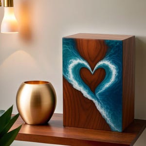 May include: A wooden box featuring a heart design created by a blue and white wave pattern on a brown wood grain. A gold-coloured spherical candle holder is on a wooden shelf. The box is likely for keepsakes.