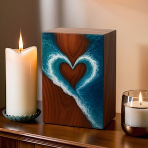 Anpassad träurna med havsvågor och gravyr av havsdesign, personlig kremeringslåda för aska av människor eller husdjur, handgjord minnessak