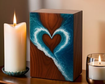 Custom Ocean Wave Wooden Urn with Sea Design Engraving, Personalized Cremation Box for Human or Pet Ashes, Handcrafted Memorial Keepsake