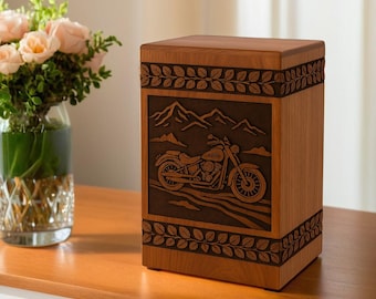 Urna de madera artesanal: Memorial de motociclista, caja de cremación personalizada