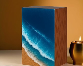 Personalized Wooden Ocean Wave Cremation Urn, Handcrafted Memorial Box for Human or Pet Ashes, Custom Sea Wave Design Keepsake Tribute