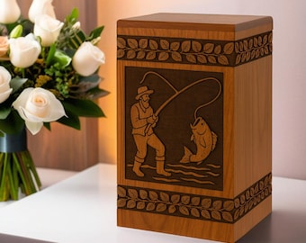 Handcrafted Wooden Urn with Fisherman Engraving, Personalized Cremation Box for Human or Pet Ashes, Custom Fishing Memorial Keepsake