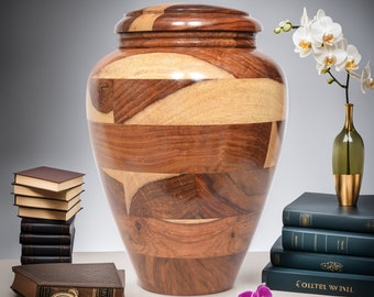 Two Tone Wooden Cremation Urn for Human Ashes – Rosewood and Maple Memorial Box – Handcrafted Funeral Keepsake Urn for Ash Storage