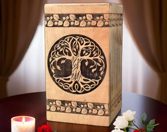 Handcrafted Mango Wood Urn with Tree Engraving, Personalized Cremation Box for Human or Pet Ashes, Custom Wooden Memorial Keepsake