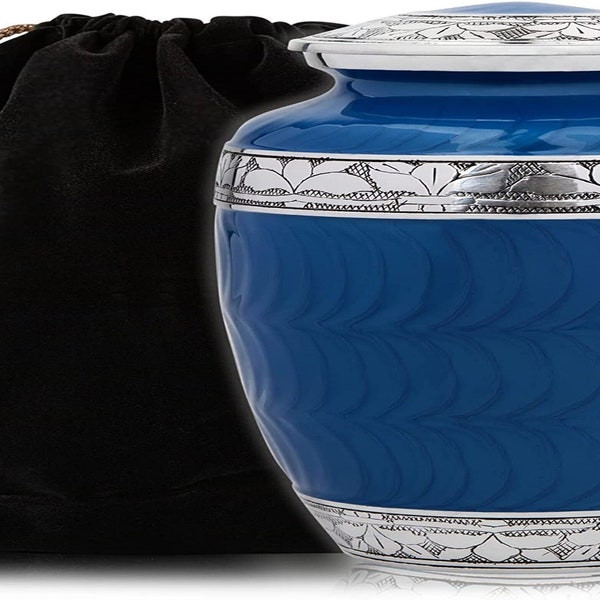 Classic Blue Cremation Urn for Adult Human Ashes with Velvet Bag