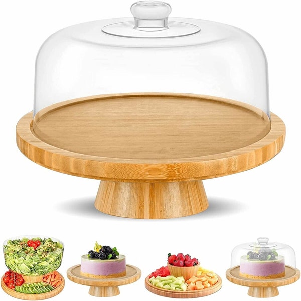 Bamboo Cake Stand with Dome Multi Function 6 in 1 Cake Holder Serving Platter, 12.8 Inch Round Veggie Stand and Salad Bowl with Lid