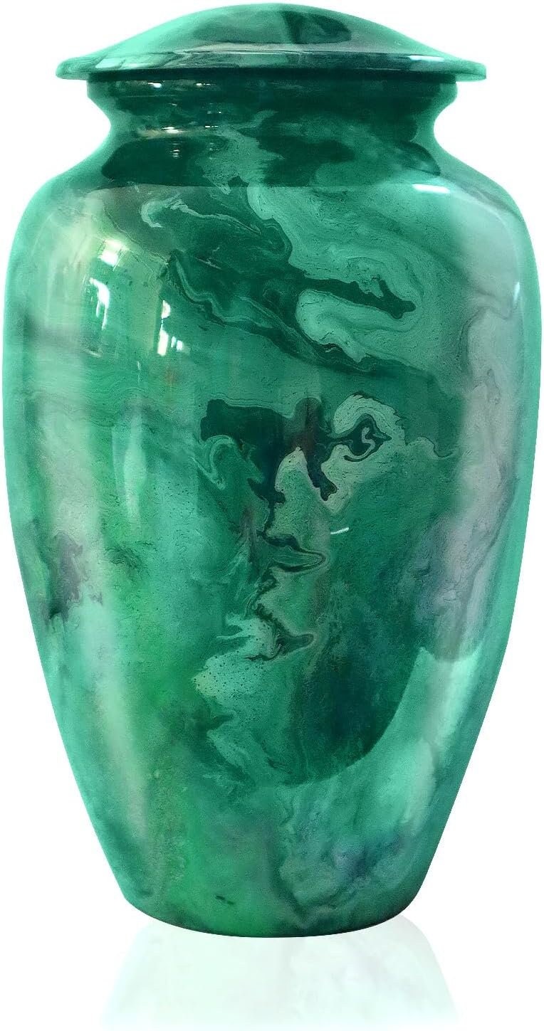 Cremation Funeral Urns for Adult Human Ashes – Decorative Burial Urn for Cremated Remain in Aluminum Marble Painting, Green with Velvet Bag
