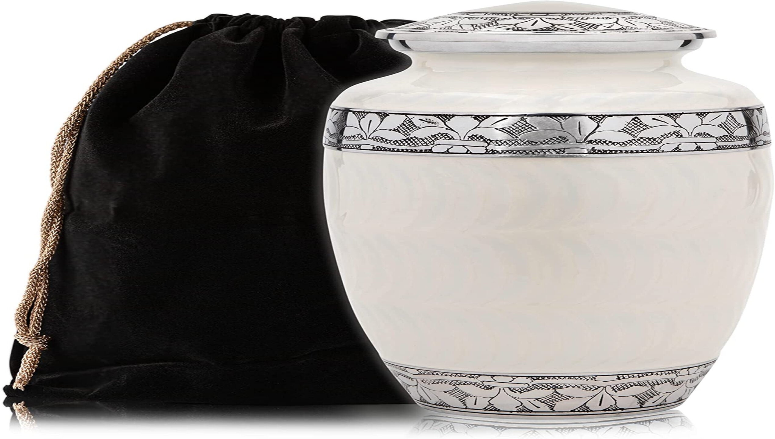 White Cremation Urn for Adult Human Ashes with Velvet Bag