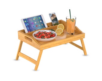 Bamboo Bed Tray Table with Handles and Folding Legs - Kitchen Serving Tray