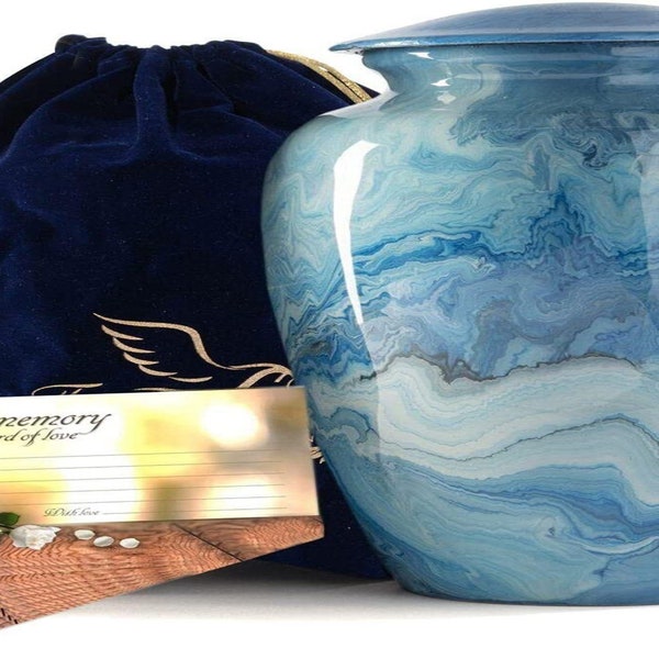 Marble Blue Cremation Urn for Adult Human Ashes with Velvet Bag