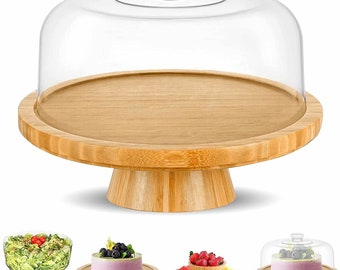 Bamboo Cake Stand with Dome Multi Function 6 in 1 Cake Holder Serving Platter, 12.8 Inch Round Veggie Stand and Salad Bowl with Lid