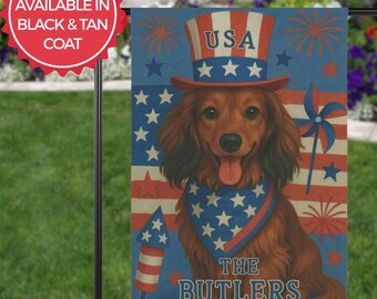 Personalized Patriotic Longhaired Dachshund Garden Flag, Custom Independence Day Yard Sign, 4th of July Porch Decor, Doxie Lover Gift