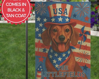 Personalized Patriotic Dachshund Garden Flag, Custom Independence Day Yard Sign, 4th of July Decor, Doxie Lover Gift, USA Porch Flag