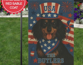 Personalized Patriotic Longhaired Dachshund Garden Flag, Custom Independence Day Yard Sign, 4th of July Porch Decor, Doxie Lover Gift