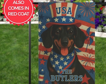 Personalized Patriotic Dachshund Garden Flag, Custom Independence Day Yard Sign, July 4th Decor, Doxie Lover Gift, USA Porch Flag