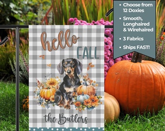 Custom Dachshund Garden Flag for Fall, Double Sided Yard Flag Personalized with Name and Dachshund Art, Fall Porch Decor Weiner Dog Gifts