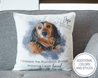 May include: A white square throw pillow featuring a watercolor-style portrait of a brown and black long-haired dachshund. The text reads Jojo 20.06-2022 and I crossed the Rainbow Bridge knowing I was loved. A circular badge says ADDITIONAL COLORS AND STYLES.