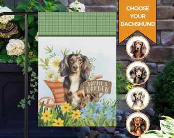 Longhaired Dachshund Personalized Garden Flag, Spring or Summer Home Decor, Custom Gift for Wiener Dog Lover, Doxie Owner Yard Decoration