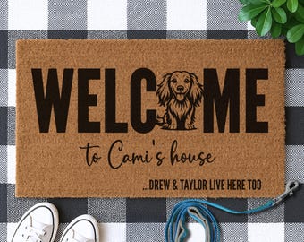Personalized Longhaired Dachshund Doormat, Custom Wiener Dog Welcome Mat, Funny Doxie Owner Home Decor, Sausage Dog Lover Housewarming Gift